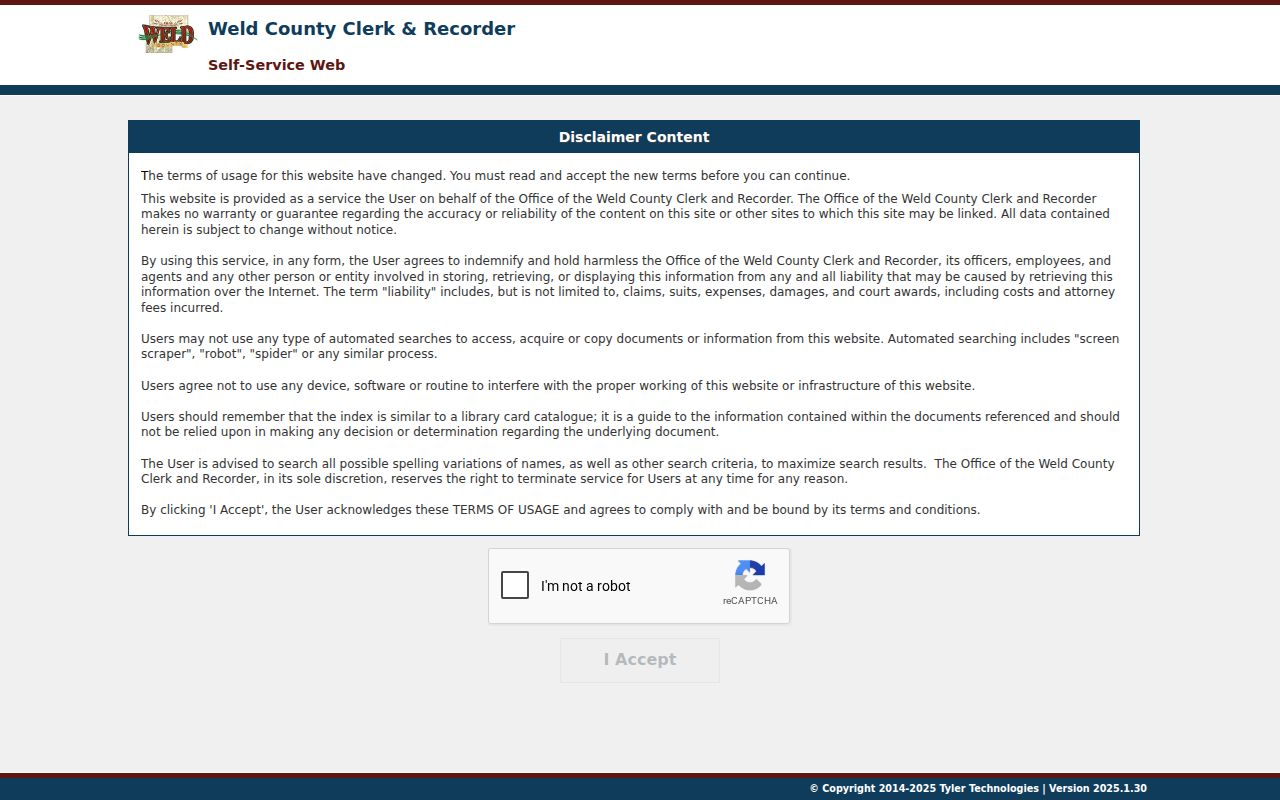 Weld County previous residents self-service recording search disclaimer